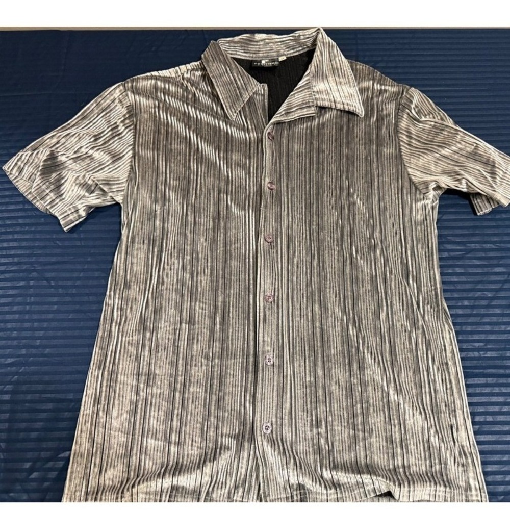 Positano‎ Mens Silver Black Pleated Velvet Short Sleeve Button Down Shirt M